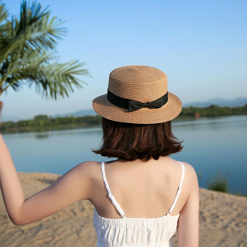 estilo sombrero Simple verano playa sombrero plano Casual corbata de lazo con borde de paja de sol sombrero capeu sombrero de paja de Sol de protección jazz