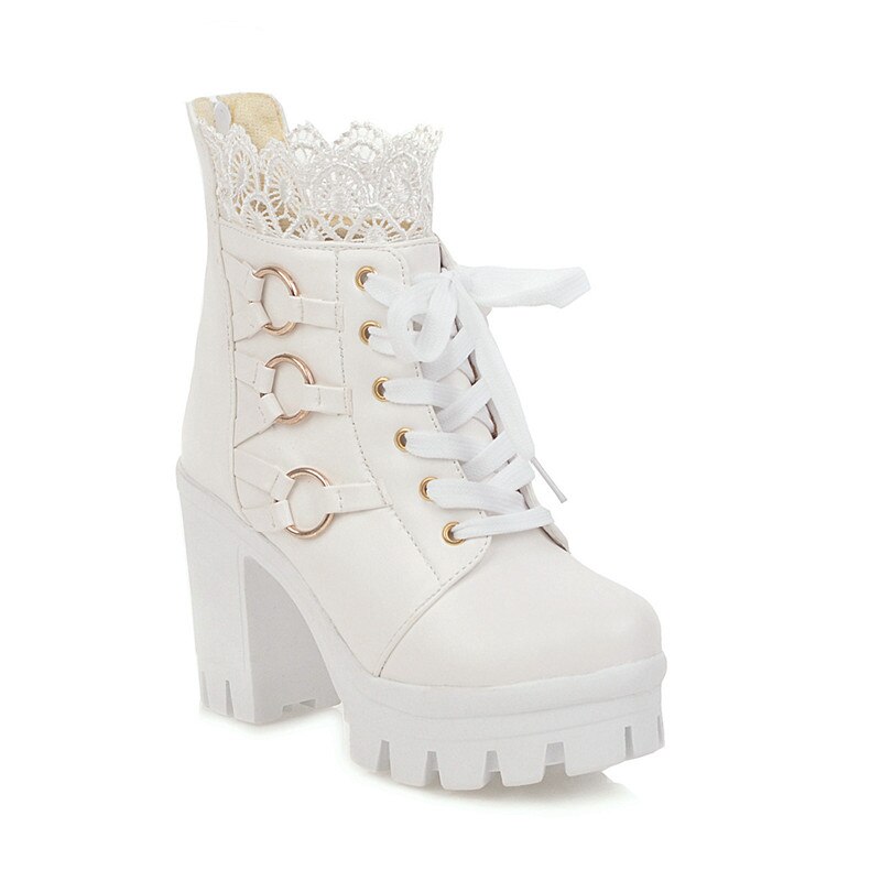 Morazora hoge hakken plateau laarzen dames vetersluiting rits herfst winter feest bruiloft schoenen schattige enkellaarsjes dames: Wit / 3