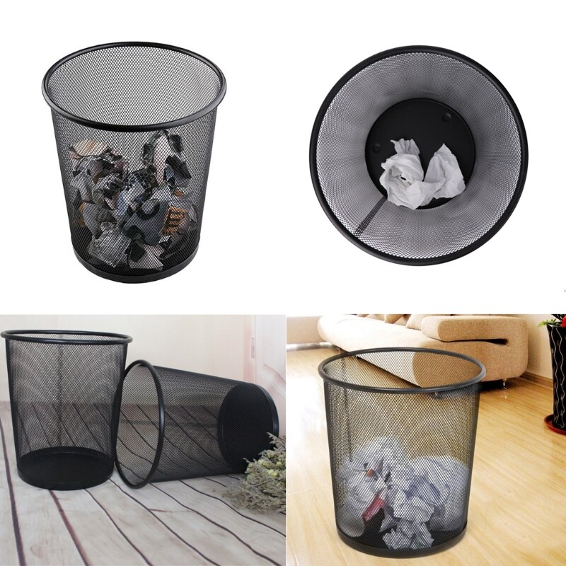 Metal Mesh Wastebasket Round Trash Can Recycling Bin Office Tools Supplies Black