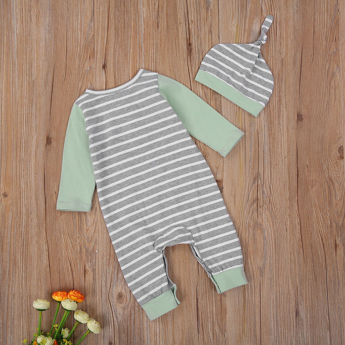 Infant Baby Girl Boy Patchwork Pocket Clothes Set, Babies Grey Stripe Round Collar Long Sleeve Romper + Cap, 3-24 Months