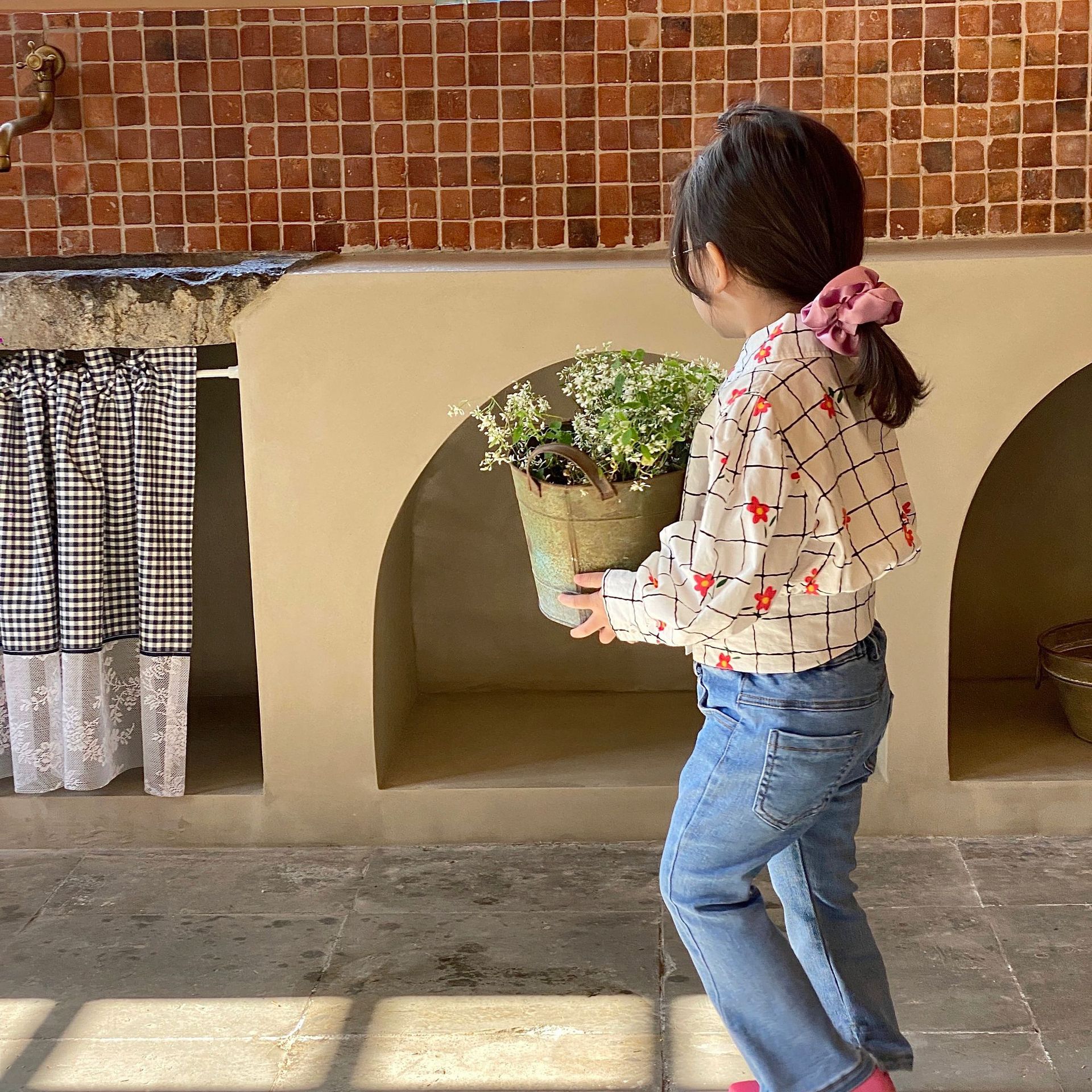 9927B Meisje Kleding Bloemen Shirts Koreaanse Voorjaar 2022 Revers Meisjes Shirts Korte Gedrukt Katoen Kid 'S Tops 1-7Year Meisje blouse