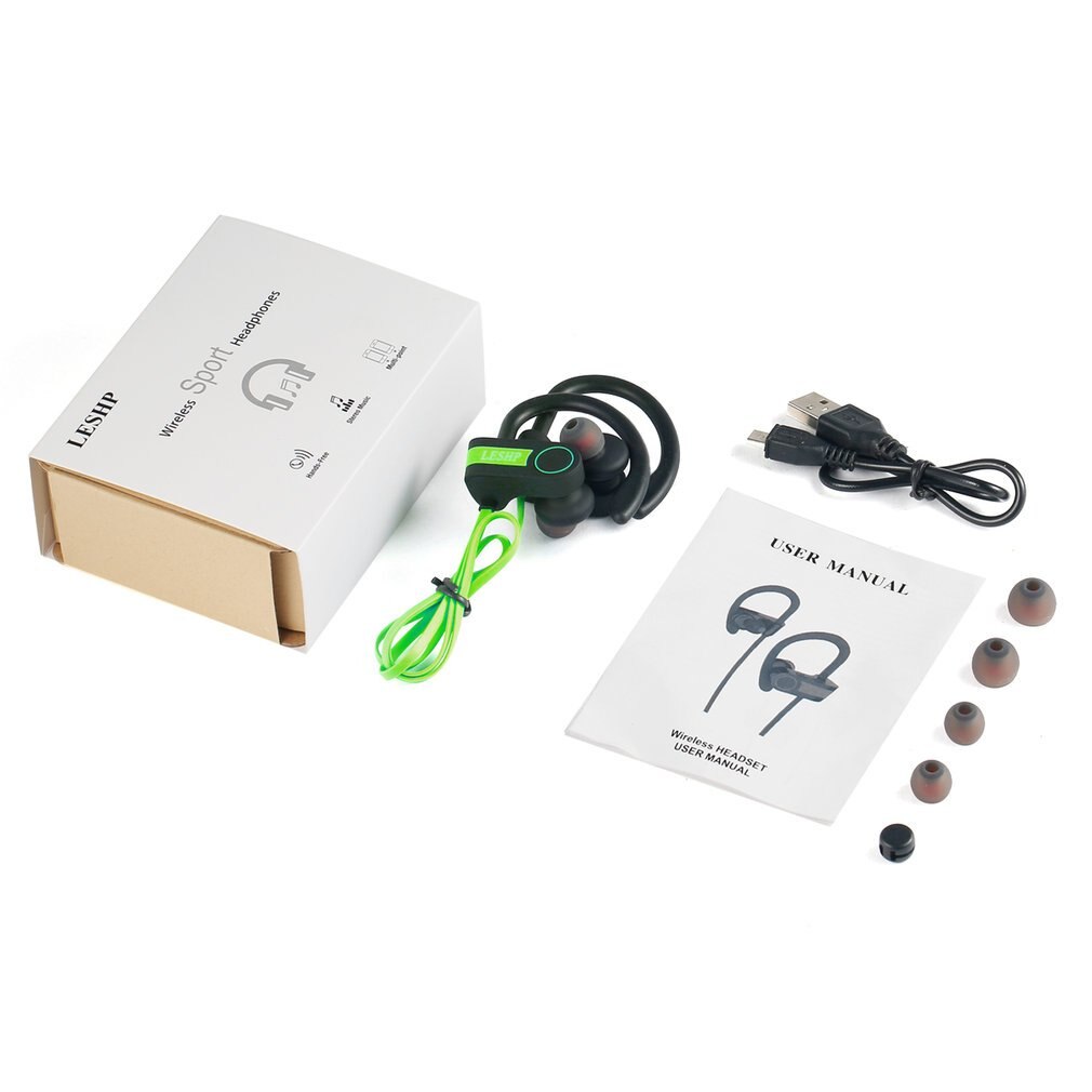 Anti-sweat Bluetooth Earphone Sport Stereo Music Wireless Earbud Hands-free Headset for Running Gym In-ear LESHP Dynamic: green