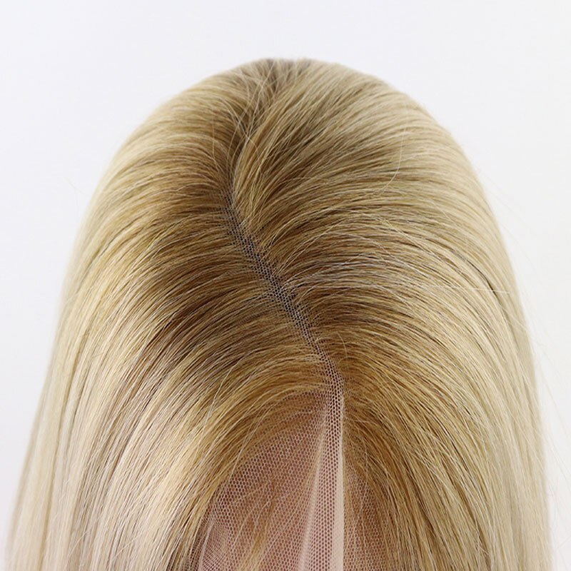 Bombshell lige syntetisk blonde front paryk brune rødder ombre lys blond varmebestandig fiber hår sideskilning til kvinder parykker