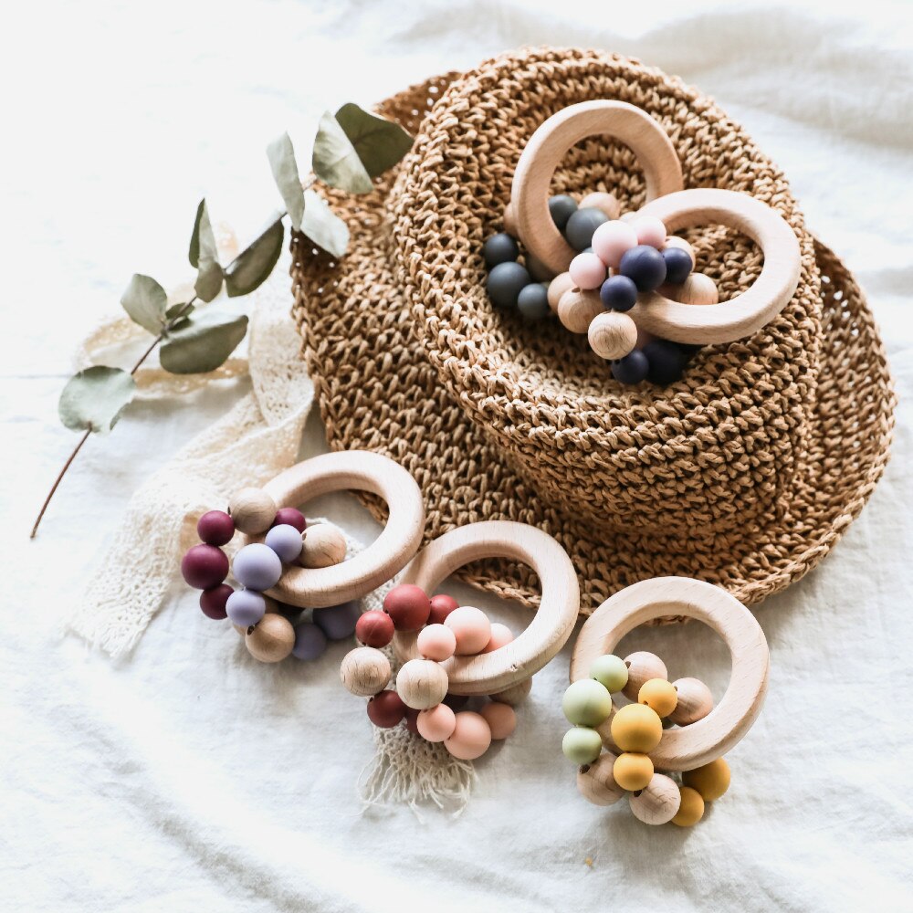 1pc Baby BeißRing Spielzeug BPA Frei Holz Armbinde Buche Ring Silikon Perlen Runde Kante BeißRing Für Neugeborene Baby spielzeug