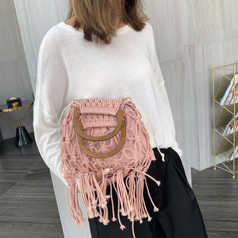 Sac tissé en bois Portable creux coton corde gland plage sac Net sac tricot sac à main rose