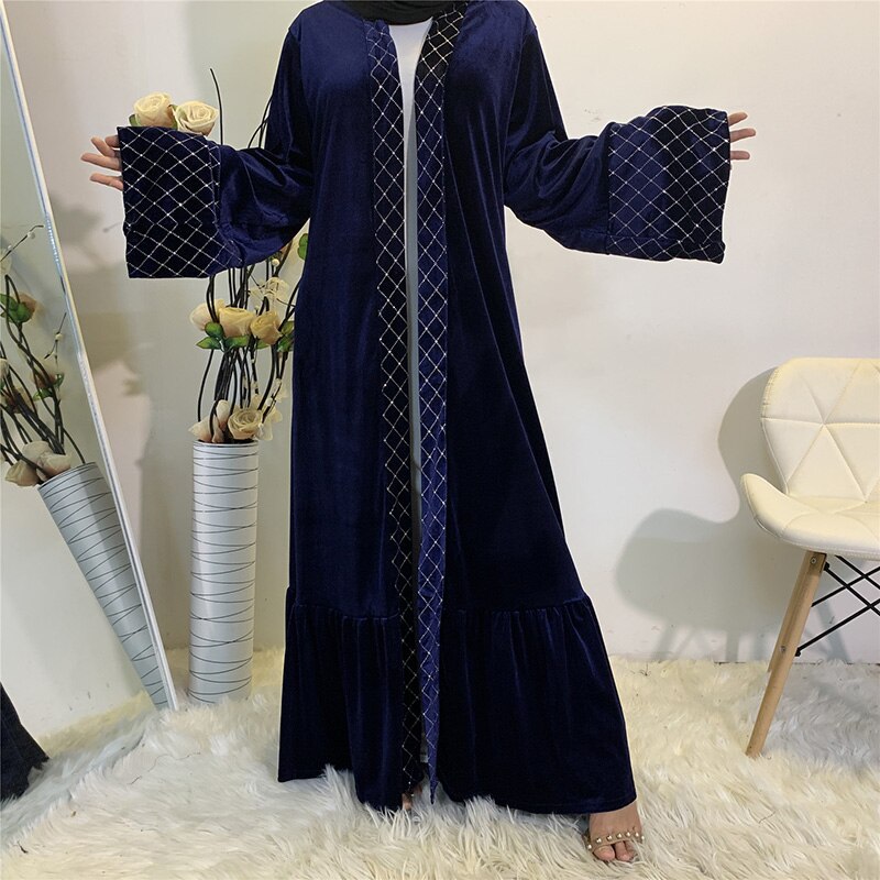 Ankomster gyllene sammet öppen front abaya kimono kvinnor muslimsk klänning blygsam slitage dubai kalkon ren abaya duster kofta: S