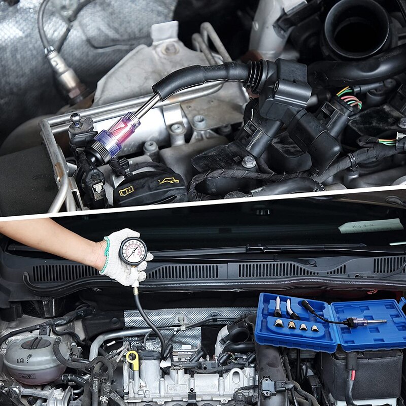 9PCS Universal Automotive Compression Tester Kit and Spark Plug Tester, for Car, Motorcycle Engine Testing Tools, Blue