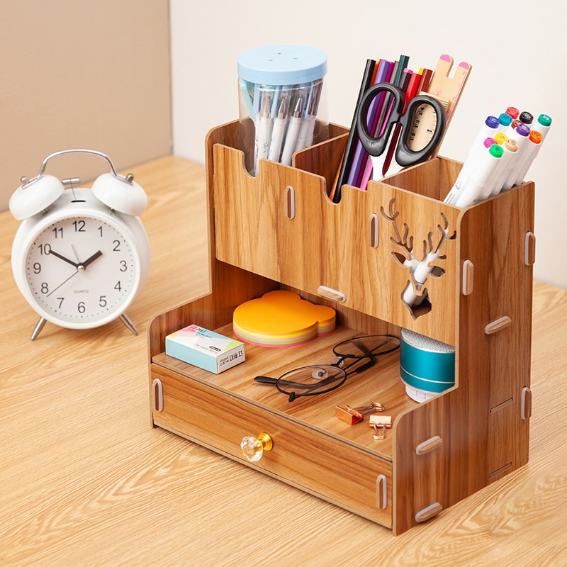 Houten Bureau Organizer Multifunctionele Diy Pen Potlood Houder Doos Desktop Stationaire Home Office Supply Opbergrek