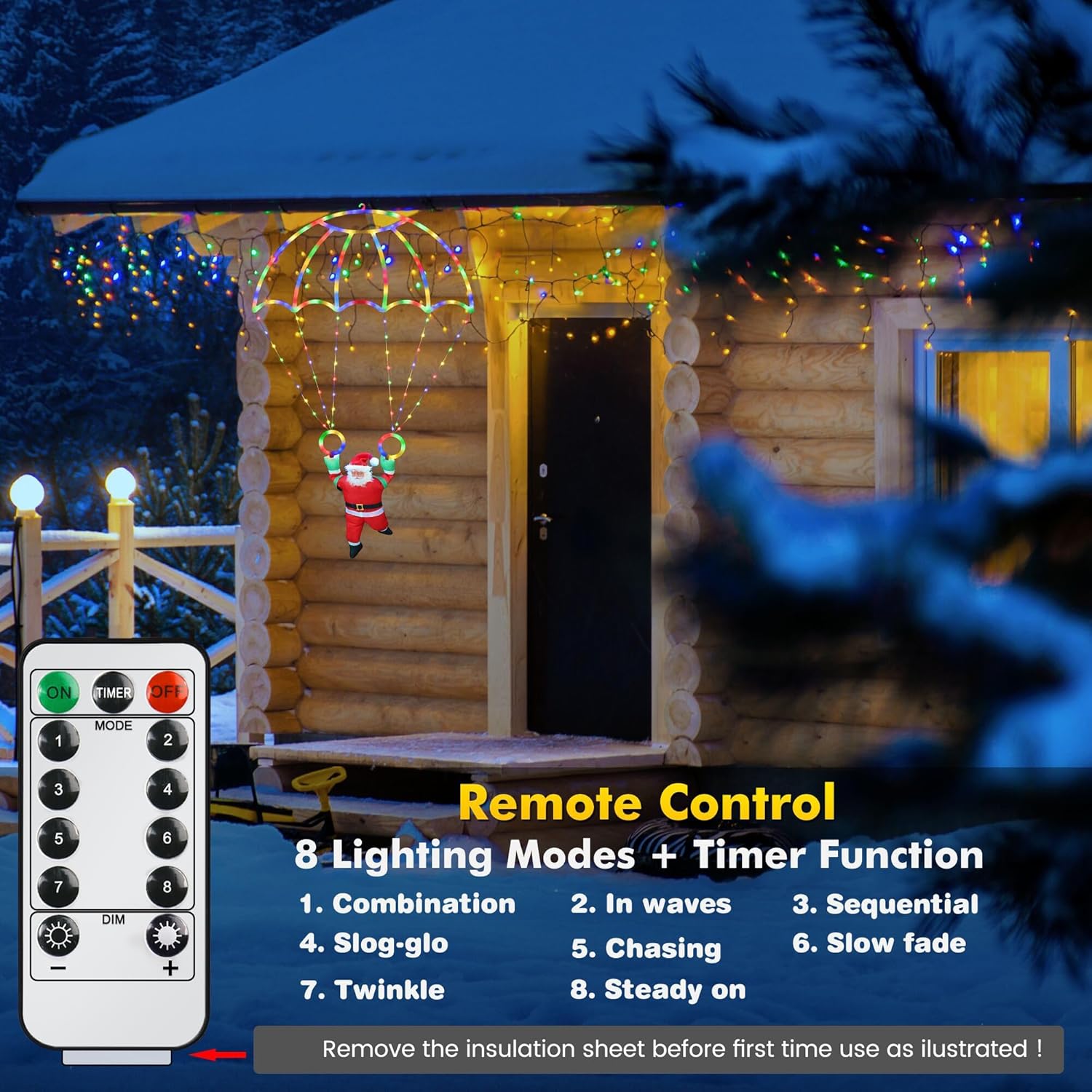 Luces decorativas navideñas para exteriores, luz LED de paracaídas navideña con USB de 2,8 pies y Papá Noel para decoración de jardín, balcón y alero de techo