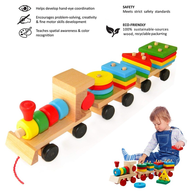 Wooden Train Building Blocks Educational Kids Baby Wooden Solid Stacking Train Toddler Block Toy for Children Birthday