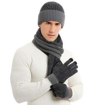 3 pice / sæt varm strikket tørklæde handsker hat sæt kvindelig cirkel hals skærm touch finger temperament varm beanie tørklæder handske bomuld
