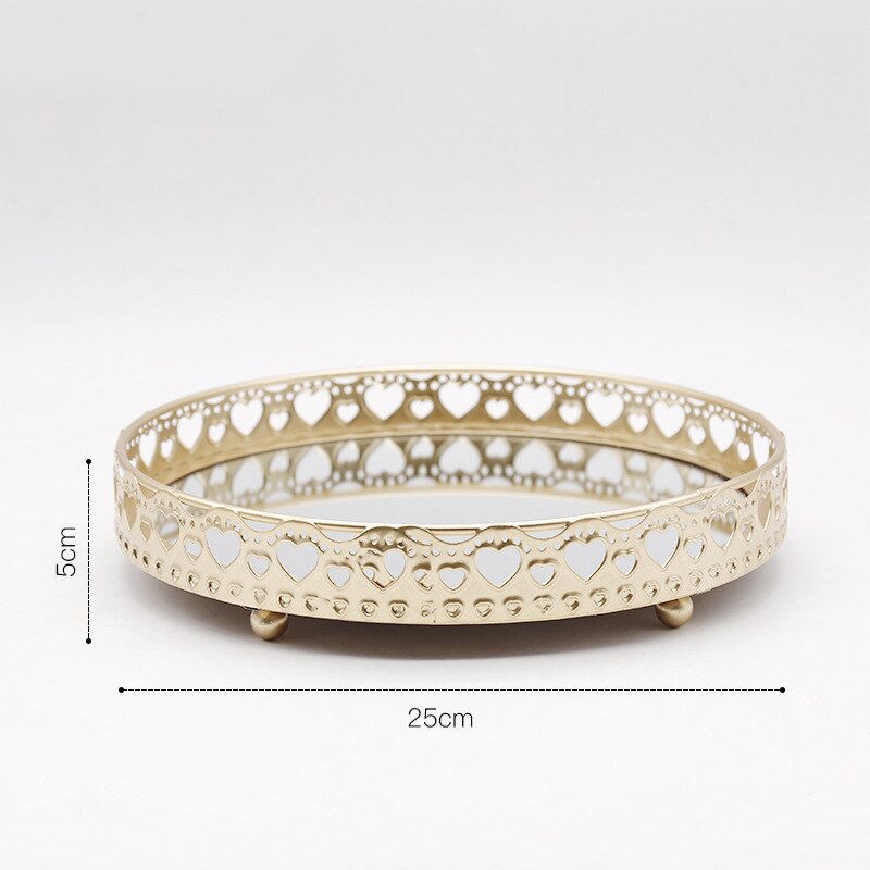 Retro golden iron glass metal storage tray golden round fruit tray desktop small items jewelry display tray mirror: Large-H