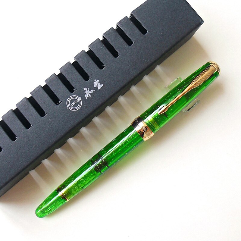 Wing Sung 618 Classic Fountain Pen Piston Transparent Authentic Iridium Fine 0.5mm Outstanding Ink Pen Writing Set: Green-Golden Clip