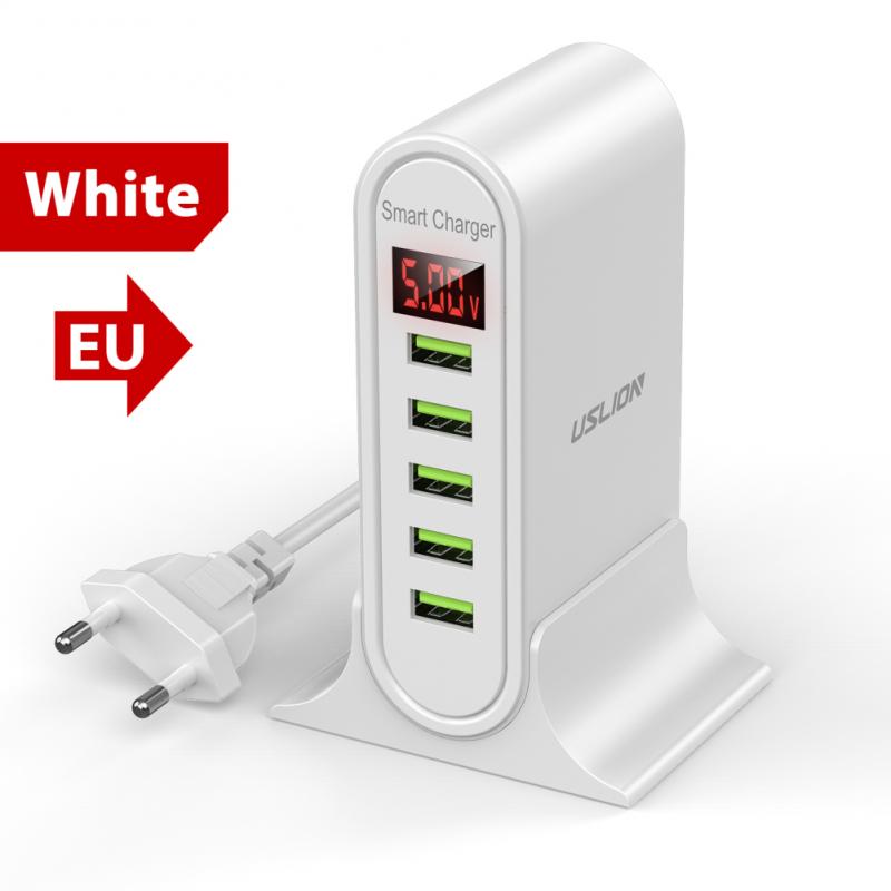 5 Port USB Charger HUB LED Display Multi USB Charging Station Dock Universal Mobile Phone Desktop Wall Home EU / UK Plug Charger: EU White