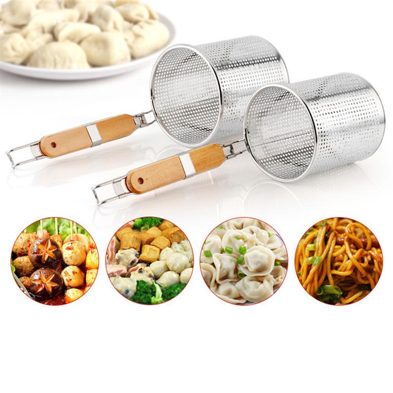 Stainless Steel Strainer Basket Wooden Handle Fine Mesh Spider Food Skimmer Kitchen Sieve for Pasta Dumpling Noodle