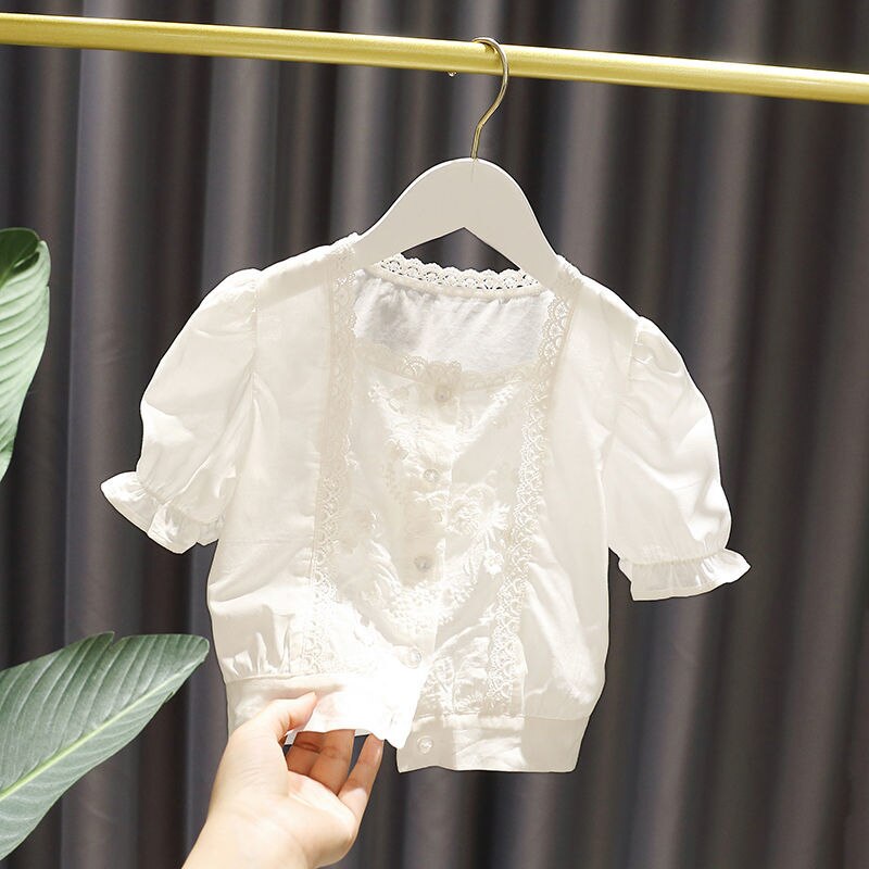 Blusa blanca de manga corta para bebé y niña, Tops para niño, 80 ~ 130 de encaje: 4 años