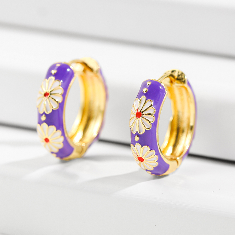 Orecchini a cerchio piccoli con fiori colorati Vintage ▾ Smalto in metallo Fiori e piante Cerchio Huggie cerchi Regalo di gioielli alla moda femminile: Pistola nera placcata