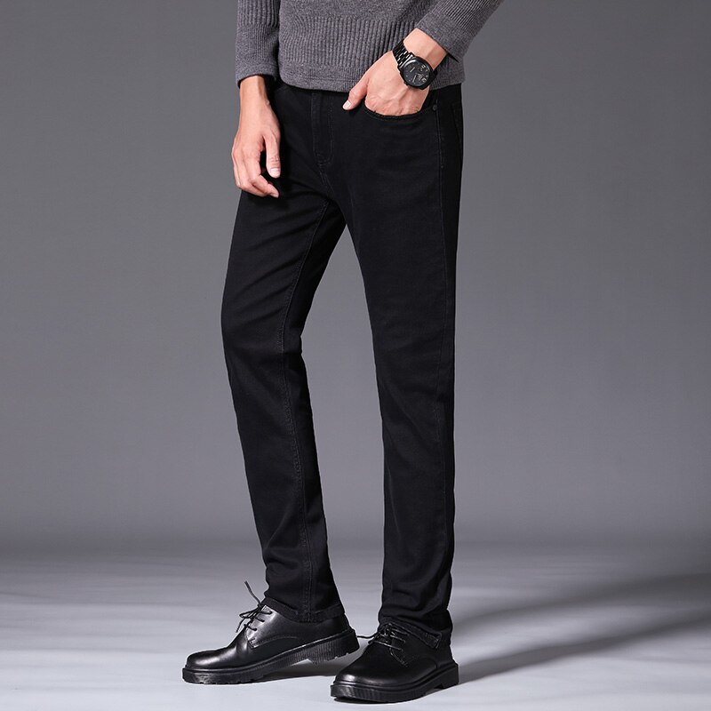Black plus velvet men's business casual jeans Classic loose soft cotton trousers winter Warm pants
