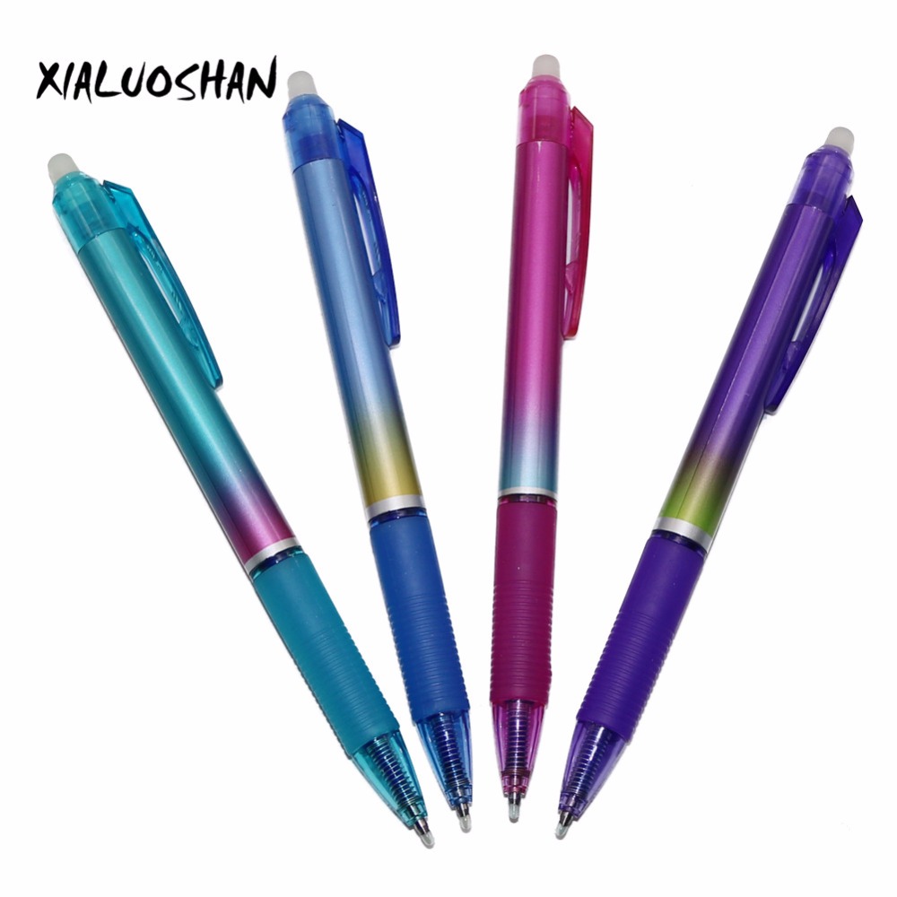 4 stks/set 0.5mm Regenboog Kleur Uitwisbare Gel Pen Wrijven Magic Geduwd Pen Met Blauwe Vullingen & Blauw/ zwarte Vullingen