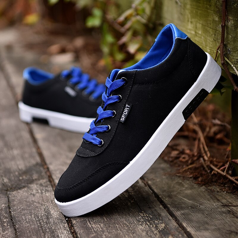 Mannen Sneakers Lente Herfst Toevallige Canvas Schoenen Mannen Platte Schoenen Zwart Wit Kant-Up Walking Sneakers Jeugd Heren Schoenen: Black / 8