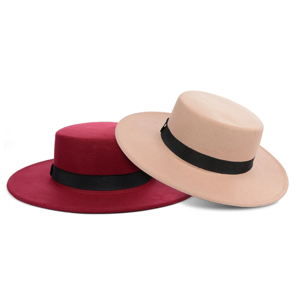 Klassisk ensfarvet filt fedoras hat bælte til mænd kvinder blanding jazz kasket bred skygge enkel kirke derby flad top hat mujer