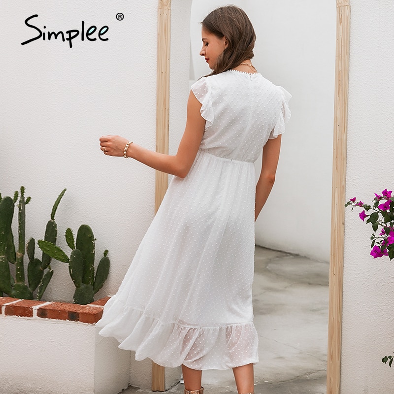 Simplee-Vestido largo de encaje blanco sin mangas para mujer, vestido recto de oficina para mujer, vestido informal de Vestido de cuello redondo