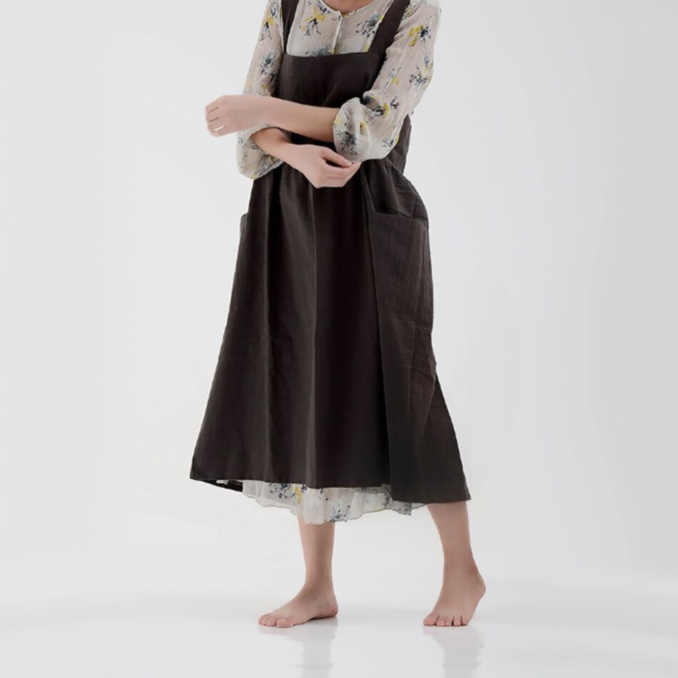 Delantal cruzado de lino y algodón japonés con hebilla ajustable, para mujer y niña, para salón de cocina, Vintage, para madre