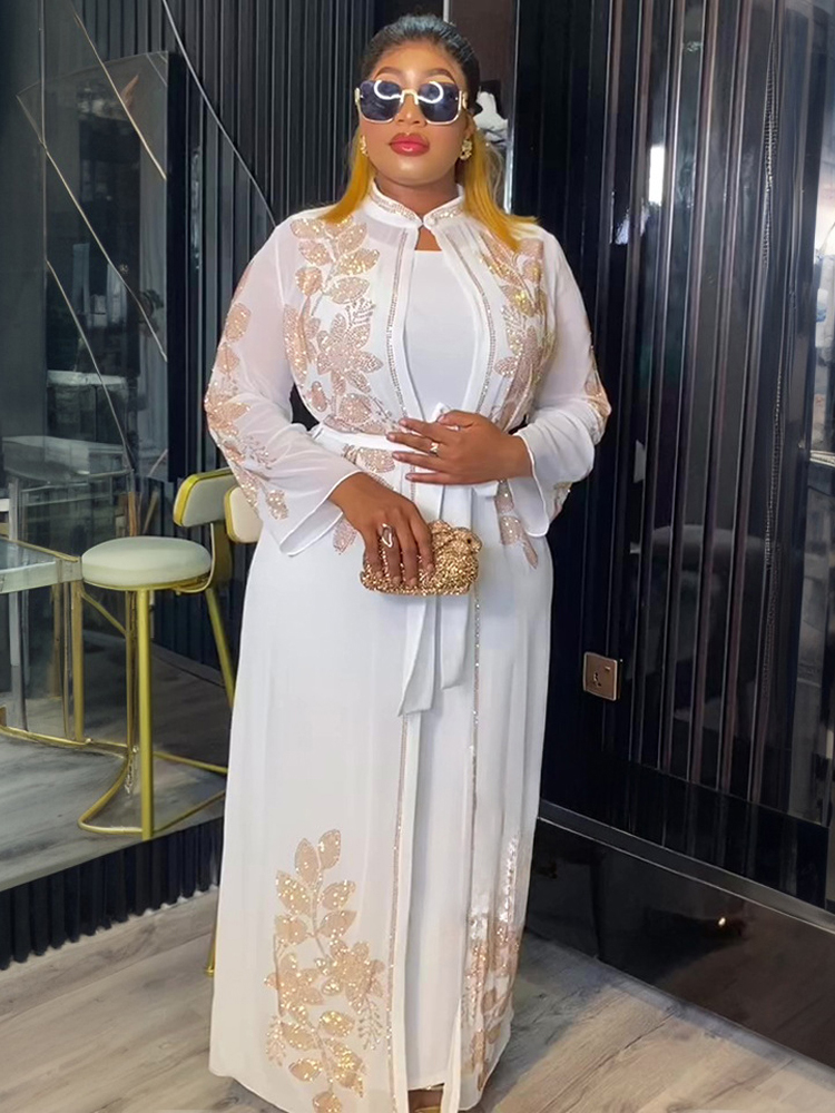 2025 chiffon vestidos de manga longa dubai luxo abayas para mulheres muçulmano 2 pçs conjunto roupas caftan marocain festa baile noite vestido: XXL / Branco