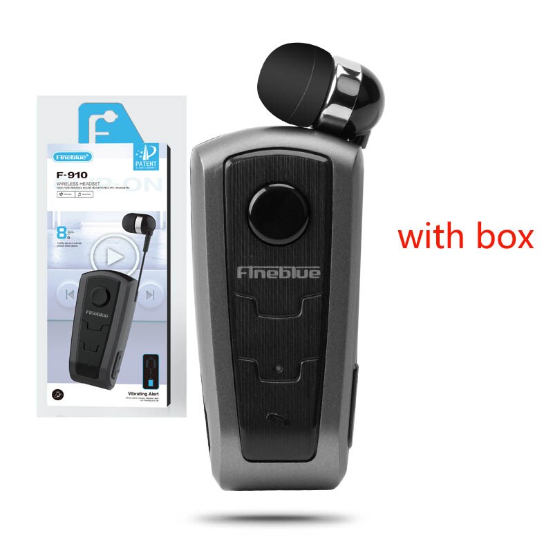 FineBlue F910 Bluetooth Headset - Clip-on, Vibration Alarm, Retractable Cord, Hands-Free Calling: F910--GY-BOX