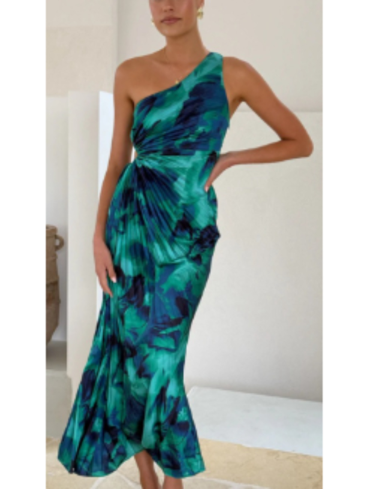 2025 Zomer Mode vrouwen Elegante Temperament Geplooide Jurk Schuine Schouder Mouwloze Sexy Print Jurk