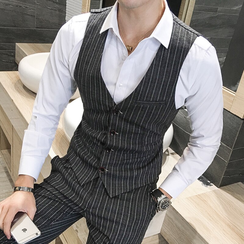 Mens Boutique Striped Groom Wedding Dress Formal Suit Vest / Male High-end Brand Casual Slim Business Suit Vest: Black / S