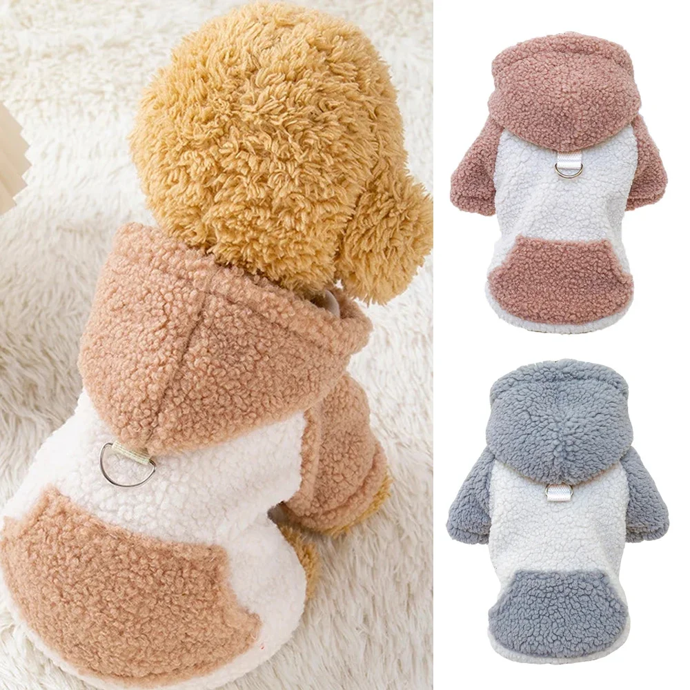 Fleece Puppy Dog Winter Sweater Hoodies with Buckle for Attachment Leash Boy Girl Pet Clothes for Small Dogs Yorkie Warm Coat