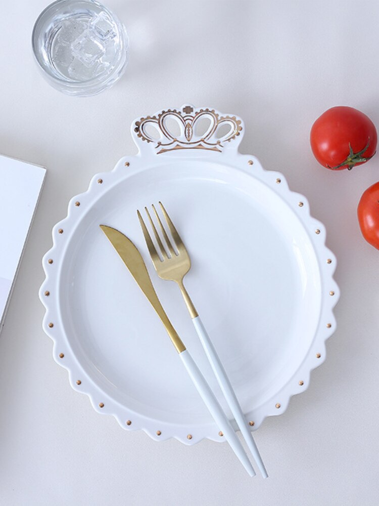 Plato grande de cerámica con corona dorada y diamantes, plato de joyería para desayuno, platos occidentales para comida y fruta, decoración de la bandeja para guardar artesanales
