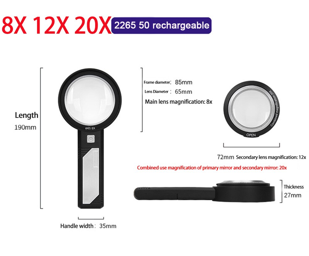 Lighted Magnifying Glass 5X 10X 15X Handheld Magnifying with 8 Led Lights, Optical Lens Illuminated Magnifier For Reading Repair: 2265 50 rechargeable