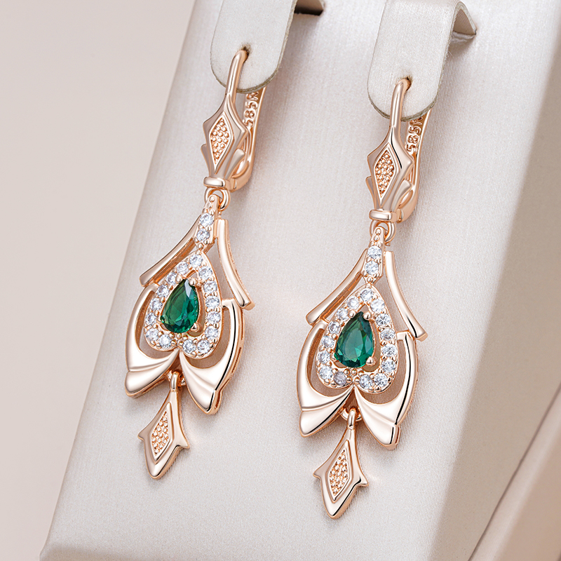 Kinel-pendientes de gota finos para mujer, Color oro rosa 585, flor de cristal, accesorios de circón Natural verde, joyería Vintage diaria