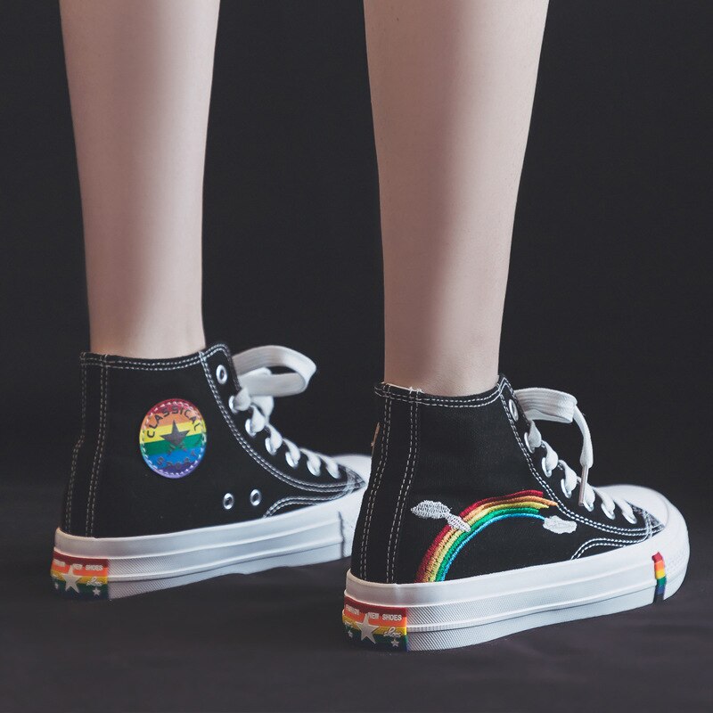 Wit Sneakers Hoge Schoenen Vrouwen Ademend Canvas Regenboog Zool Gevulkaniseerd Schoenen Lopen Jogging Casual Mode Platte Schoenen