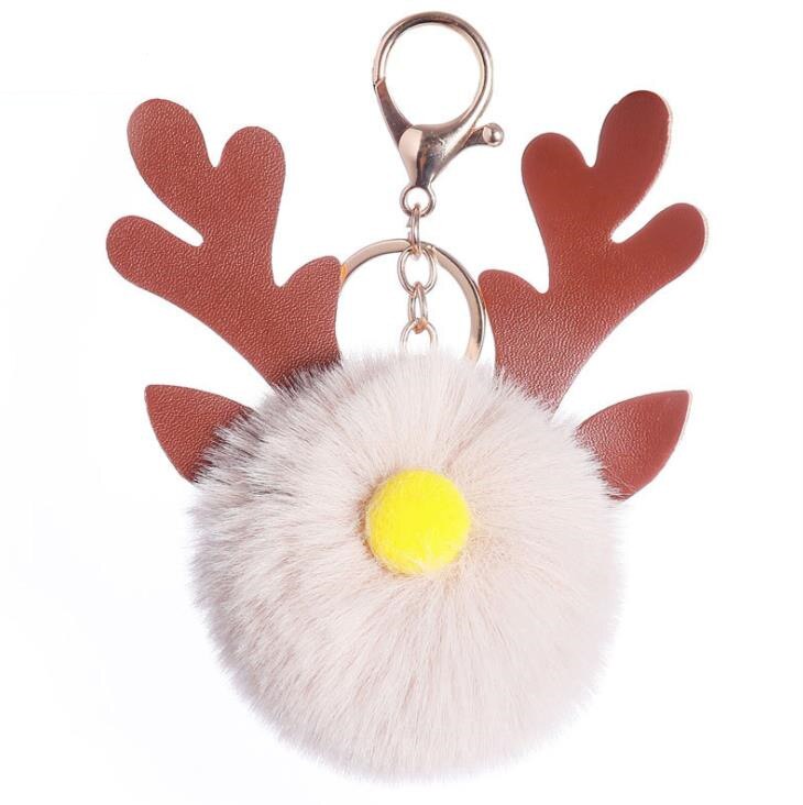 Noël flou Caribou corne cheveux boule porte-clés dessin animé Elk jouet pour femmes fille fausse fourrure boule sac à main porte-clés: beige