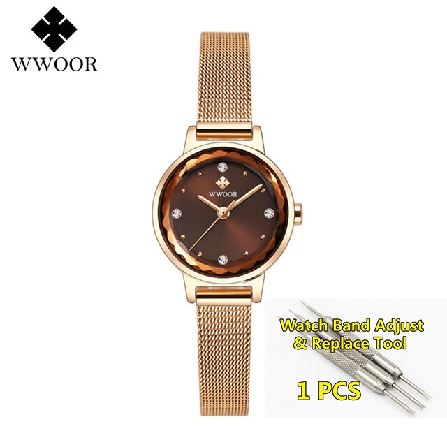 Armbinde Uhren Frauen Luxus WWOOR oben Wasserdichte Stahl Gurt Kristall Damen Handgelenk Uhren Relogio Feminino: Rose Braun