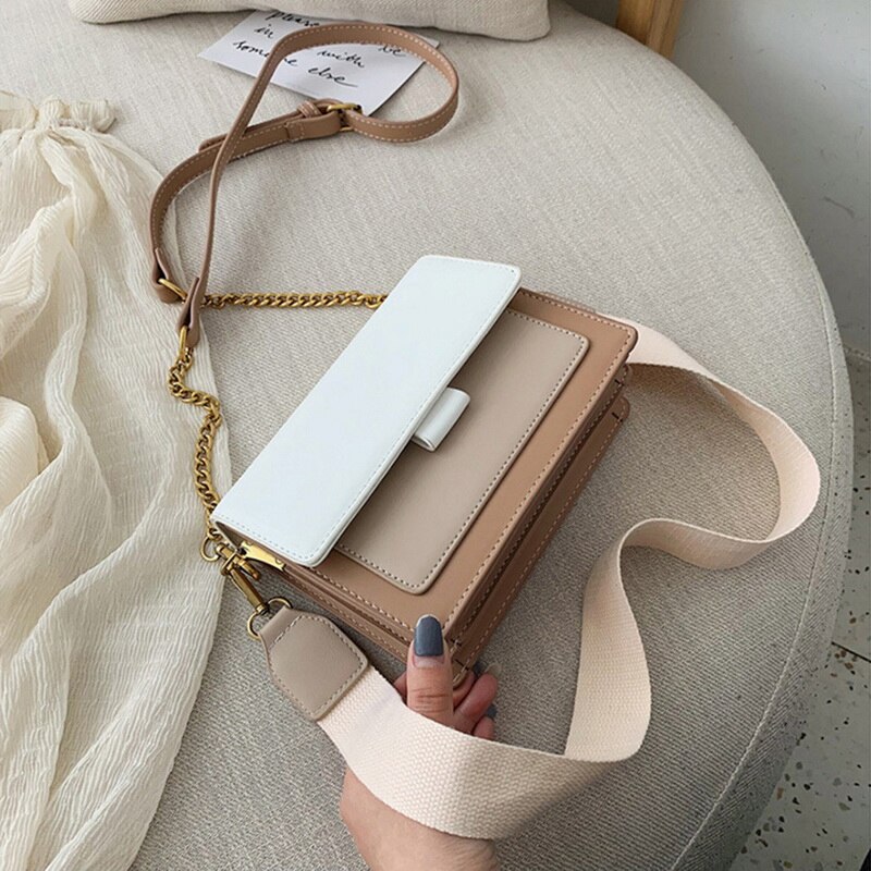 Contrasterende kleuren pu leren crossbody tassen voor dames ketting handtassen met metalen handvat schoudertas kleine tassen: Khaki 