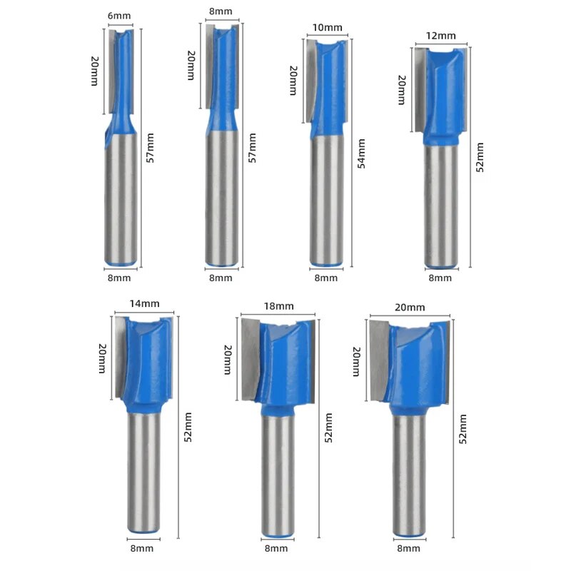 7 stuks 8 mm schacht houtbewerking freesgereedschap, tweesnijdend groeffreeskop, elektrische hout trimmachine recht mes