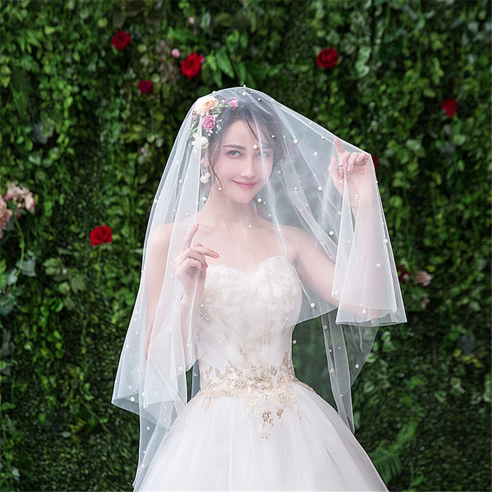 Short Wedding Veil Bridal Veil Face-Covered Blusher Veil with Pearls One Layer Tulle Square velo de novia No Comb