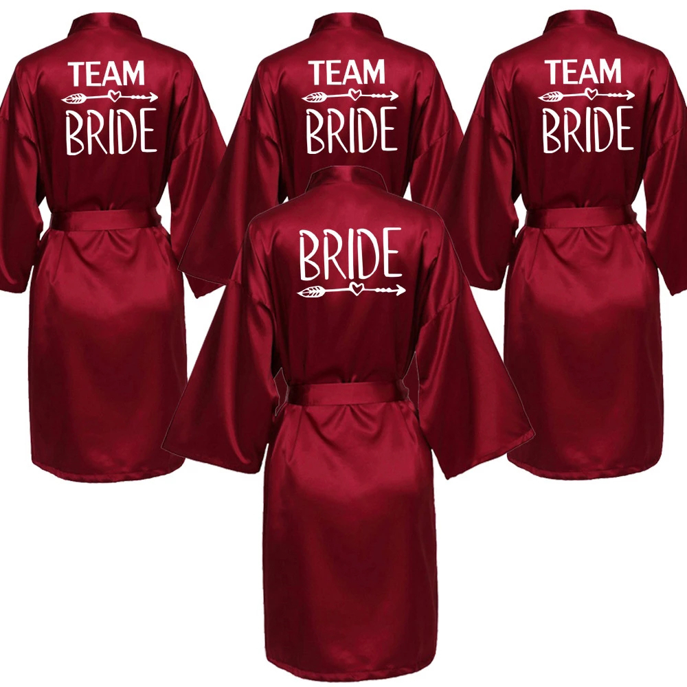 Wedding Party Team Bride Robe With White Letters Kimono Satin Pajamas Bridesmaid Bathrobe SP004