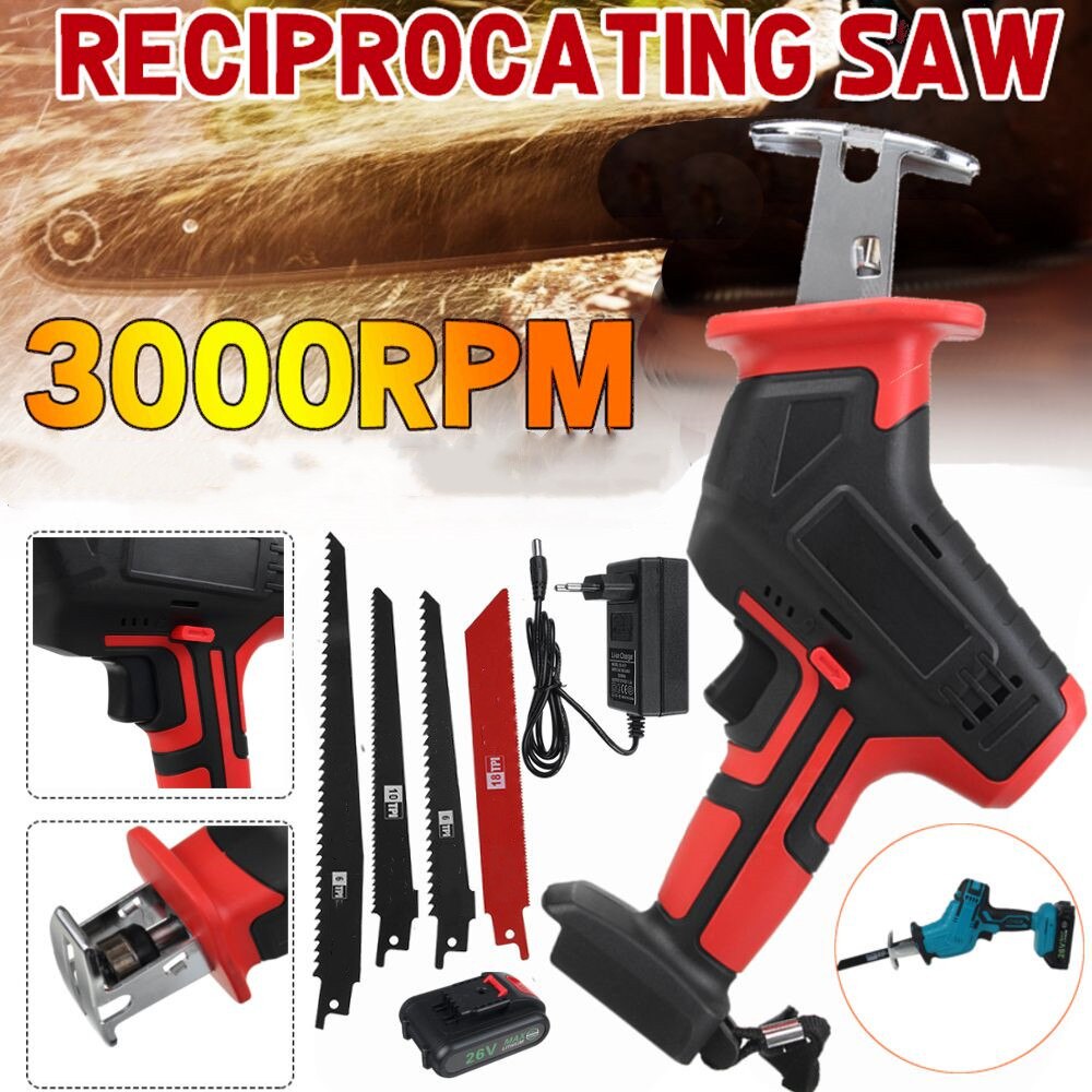 26V Cordless Reciprocating Saw Electric Saw Woodworking Saw for Wood Metal Cutting DIY Power Saws with Battery + 4 Saw Blades