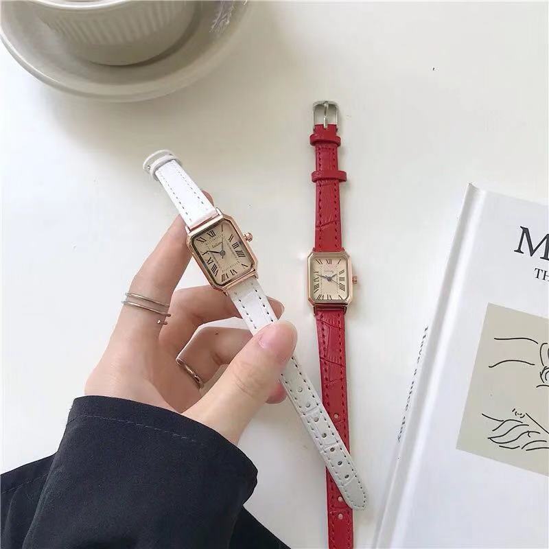 Retro Roma Rechthoek Vrouwen Horloges 2022 Brand Vintage Leer Vrouwelijke Quartz Klok Blauw Pointer Dames Bruin Horloges: WHITE