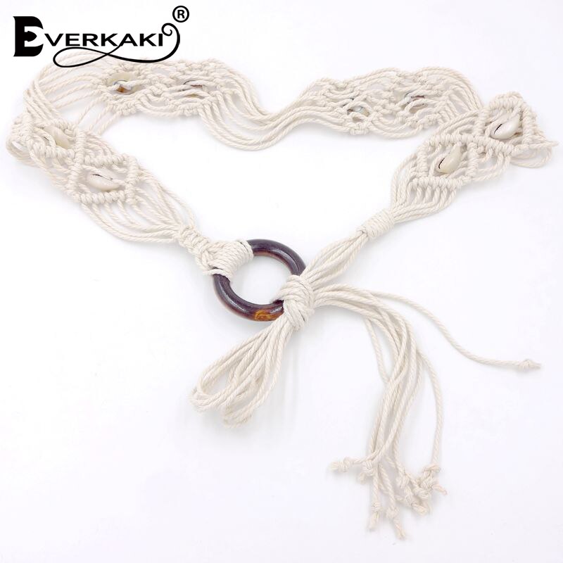 Everkaki boho voks reb strikkede rammer talje bælte rund træ spænde solid sigøjner afslappet bælter til kvinder kjole jeans: Hvid