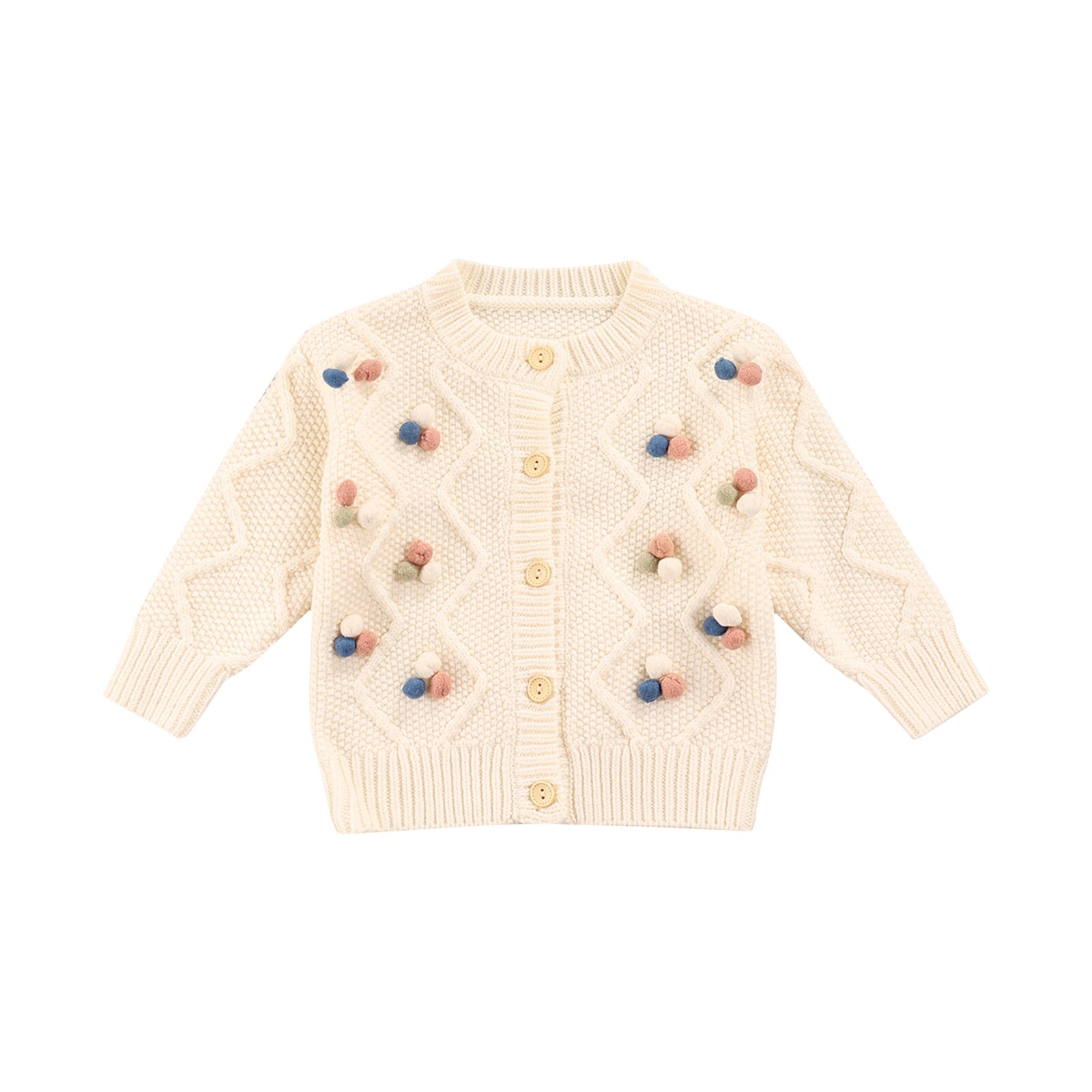 Cardigan lavorato a maglia per bambini autunnali, decorazioni per palline di peluche per bambine collo tondo manica lunga Outwear monopetto top Casual: Beige / 8T