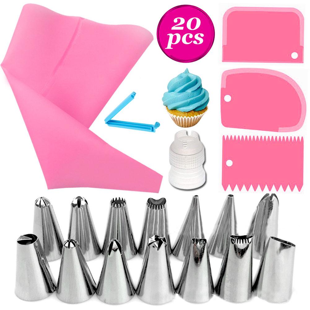 Juego de 20 unidades de boquillas para manga pastelera, bolso de hojaldre de silicona, Kit de herramientas de decoración de tartas, accesorios de cocina reutilizables para manga pastelera DIY: B