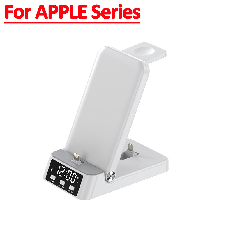 Support de chargeur sans fil pliable 4 en 1, horloge, alarme, pour iPhone 14 13 12 11, Samsung Galaxy Apple Watch 8/7/6, Station de charge rapide: Argent