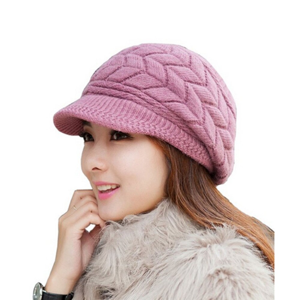 Winter Warm Knit Hat Wool Snow Ski Cap With Visor (Beige): Purple