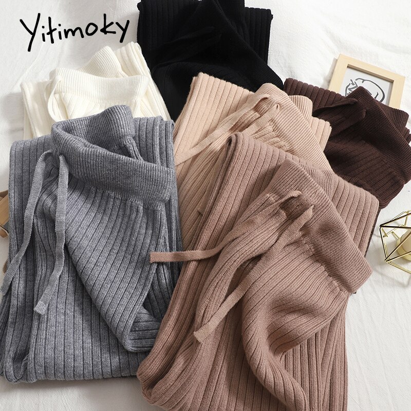 Yitimoky Knitted Wide Leg Pants for Women Streetwear Clothes Joggers Baggies Drawstring Sweatpants Work Bottoms Pants Ulzzang